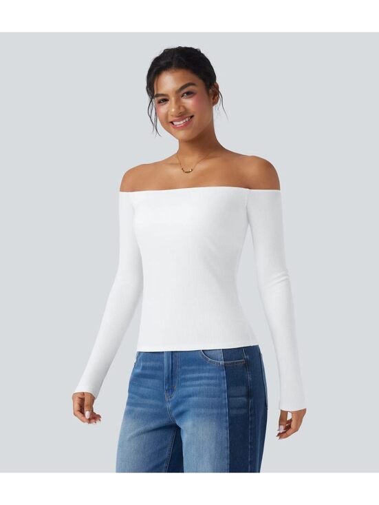 Halara Tops - Halara Ribbed Knit Off Shoulder Long Sleeve 2-in-1 Casual Top White Size XL
